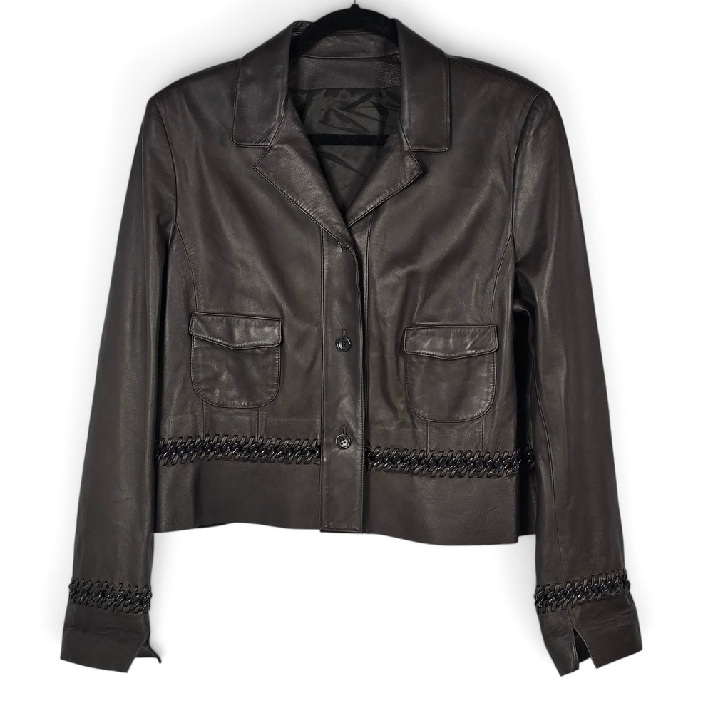Carlisle Jacket Women M? Leather Cropped Chain Whipstitch Dark Brown Moto Blazer